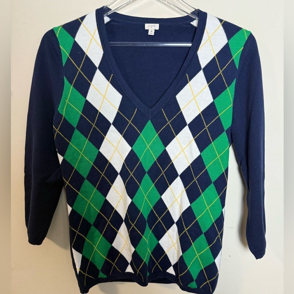 J.Crew Argyle V neck Sweater Medium Preppy Academia Green Blue White